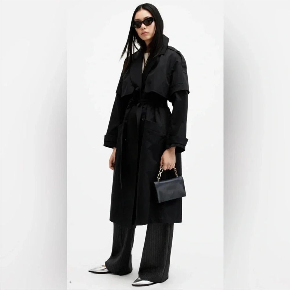 ALLSAINTS Women’s Clyde Black Trench Coat With Removable Sleeves Size US 0 UK 4